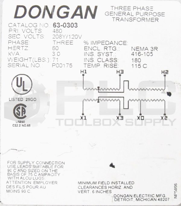 NEW DONGAN 63-0303 THREE PHASE GENERAL PURPOSE TRANSFORMER 480V 60HZ 3.0KVA - Image 6