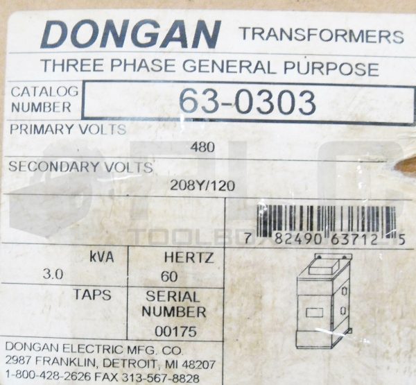 NEW DONGAN 63-0303 THREE PHASE GENERAL PURPOSE TRANSFORMER 480V 60HZ 3.0KVA - Image 7