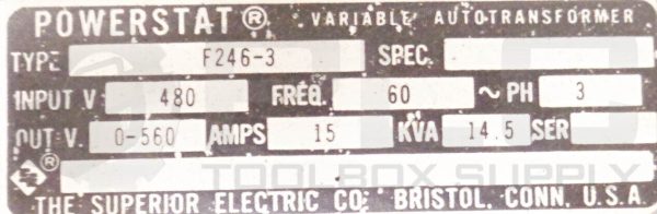 NEW POWERSTAT F246-3 TRANSFORMER 480V FREQ:60 3PH 0-560V 15AMPS 14.5KVA - Image 5