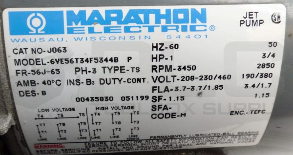 MARATHON ELECTRIC J063 JET PUMP MOTOR 56J-65 3450RPM 3/4HP 60HZ 460V - Image 6
