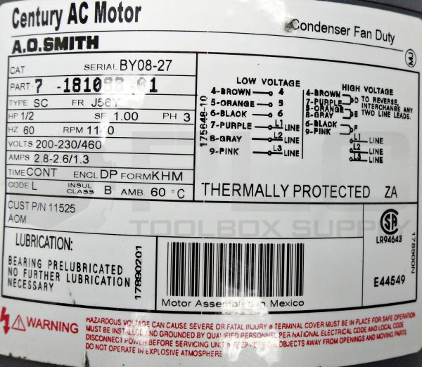 NEW A.O SMITH 7-181088-01 CENTURY AC MOTOR 1/2HP 3PH 60HZ 1140RPM 200-230/460V - Image 6