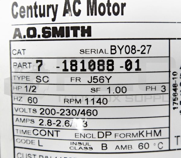 NEW A.O SMITH 7-181088-01 CENTURY AC MOTOR 1/2HP 3PH 60HZ 1140RPM 200-230/460V - Image 7