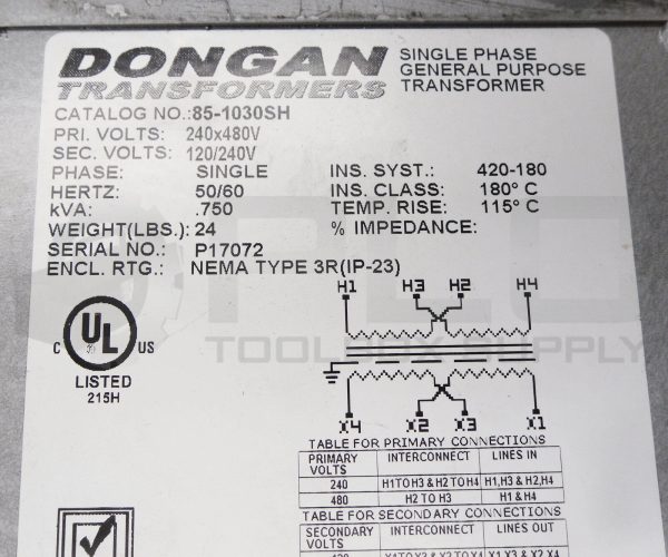 NEW DONGAN 85-1030SH GENERAL PURPOSE TRANSFORMER 240-480V 1PH 50/60HZ - Image 6